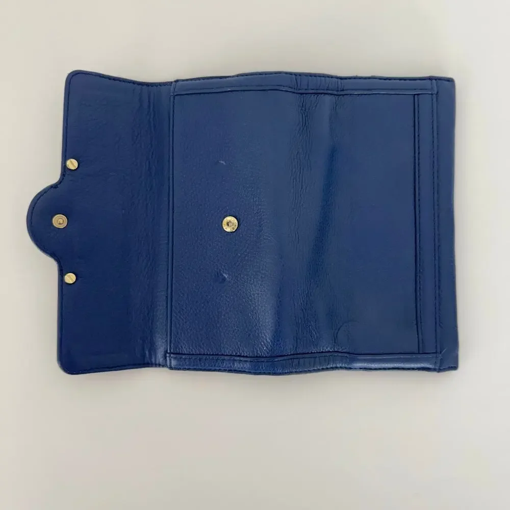 Tory Burch Amanda Envelope Continental Wallet Blue Pebble Leather Gold-Tone Logo